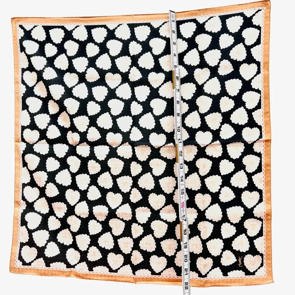New Tag On  Yves Saint Laurent  Scarf Cotton & Silk 22.5" Beige Black Heart  (63 - Picture 9 of 10
